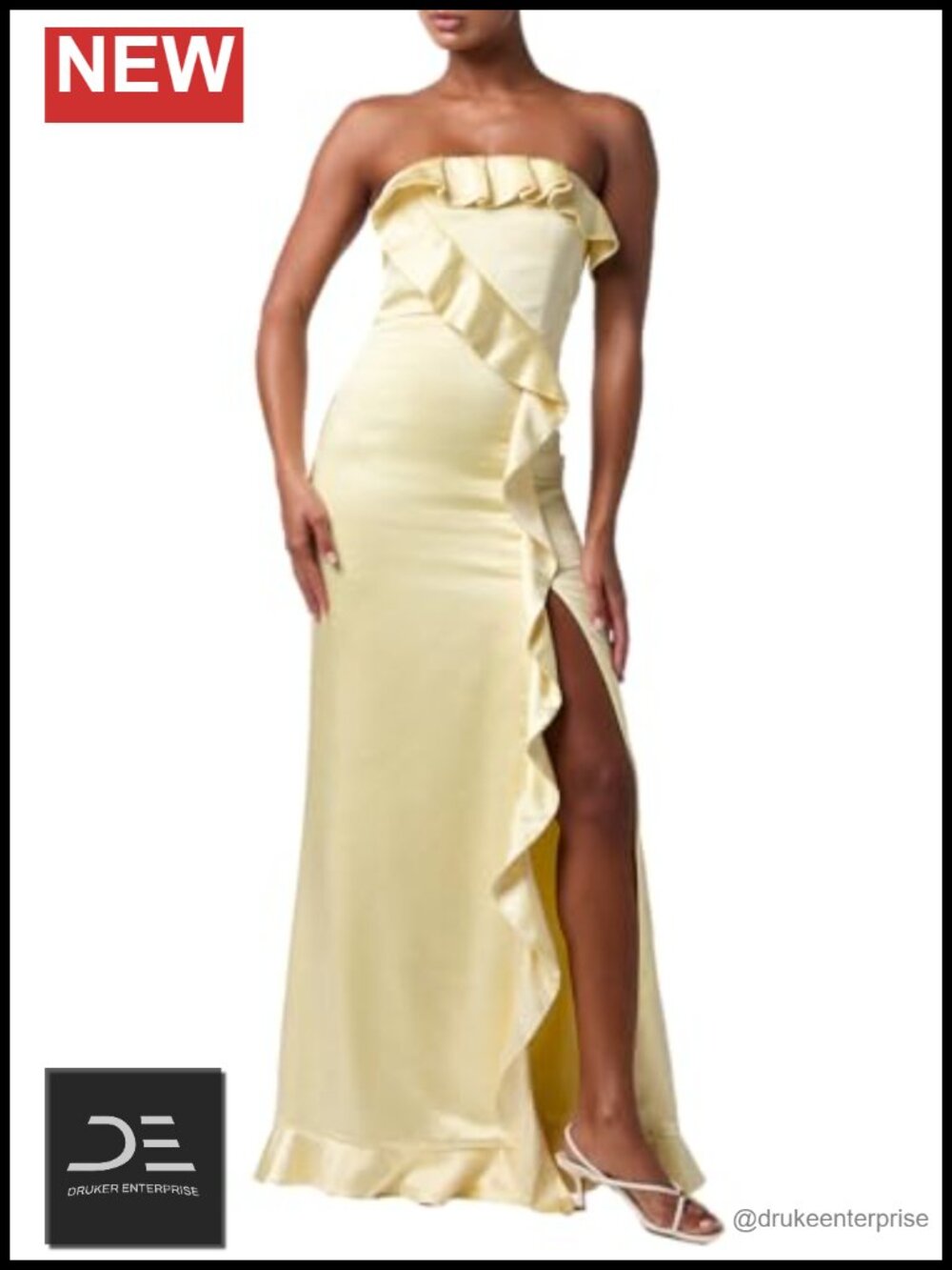 Strapless Satin Maxi Dress Formal Ruffle Trim Side Slit Evening Gown